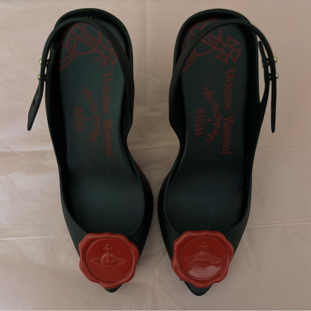 Vivienne Westwood + Melissa Anglomania Black Heels with Red Stamp Accent